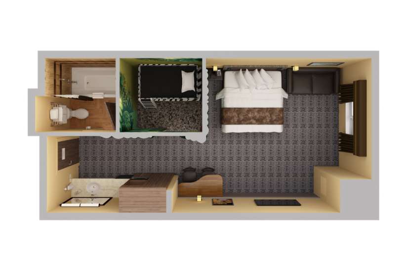 Top-down view render of a room including a king bunk.