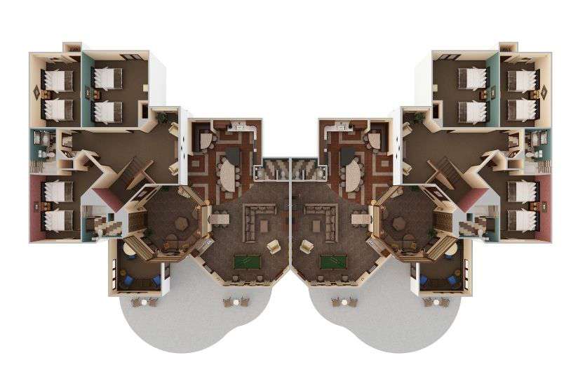 Top-down view render of 10 Bedroom Bottom Floor.