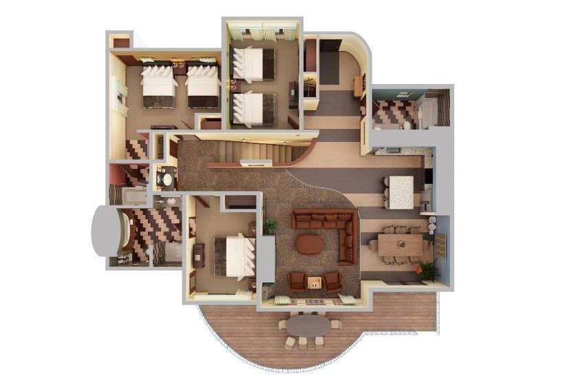 Top-down view render of 5 Bedroom Entertainment Villa Main Floor.