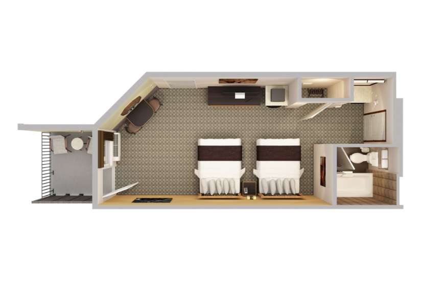 Top-down view render of a room with 2 queen beds.